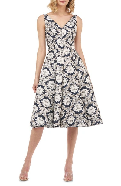 Kay Unger Gia Sleeveless Printed Jacquard Dress In Navy Multi