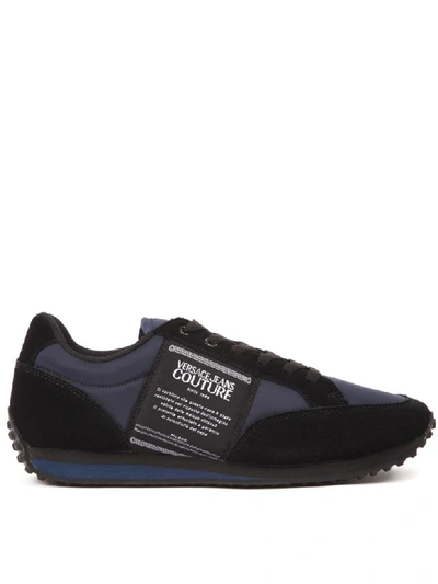 Versace Jeans Couture Black Suede & Blue Fabric Trainers With Logo Label In Black/blue