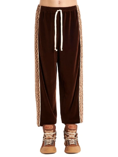 Gucci Rhombus Gg Woven And Velour Jogging Bottoms In Brown