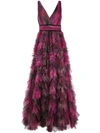 MARCHESA NOTTE V-NECK PRINTED TEXTURE GOWN