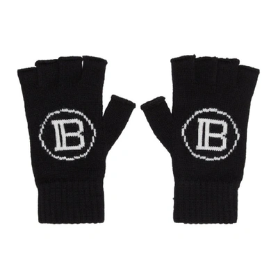 Balmain Intarsia Knit Logo Fingerless Gloves In Eab Noir/bl