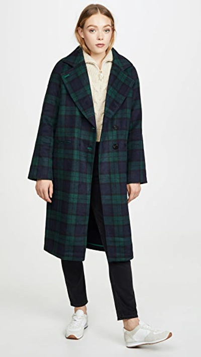 Avec Les Filles Double-face Plaid Wool-blend Raglan Coat In Navy/ Green