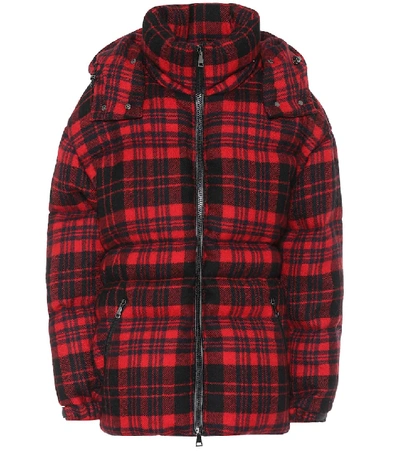 Moncler 格纹羊毛羽绒大衣 In Red