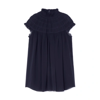 Chloé Smocked Silk Tunic In Anthracite Blue