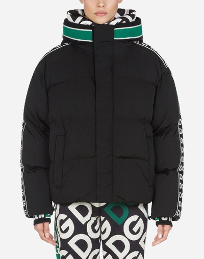 Dolce & Gabbana Short Nylon Down Jacket With Dg Logo Bands In Black