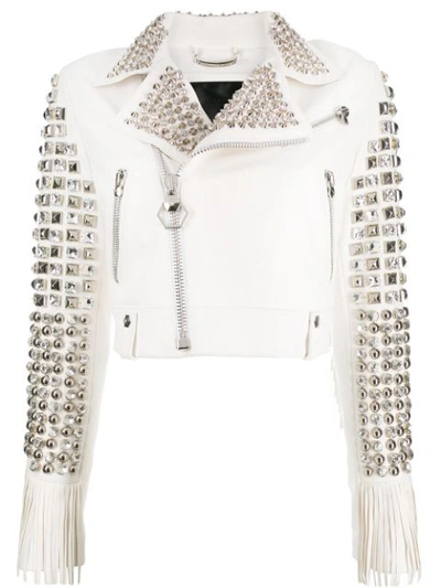 Philipp Plein Cowboy Leather Jacket In White