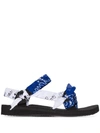 Arizona Love Blue And White Bandana Knotted Flat Sandals In Black