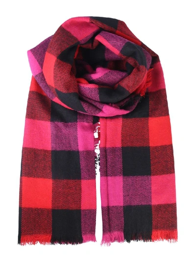 Woolrich Check Print Scarf In Black Red And Fuchsia
