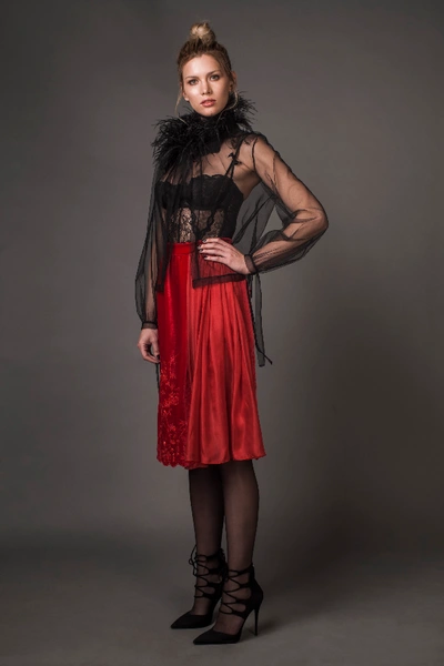 Aureliana Silk Velvet Embroidered Skirt In Red