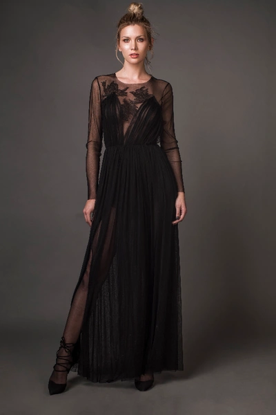 Aureliana Silk Tulle Chantilly Lace Gown In Black