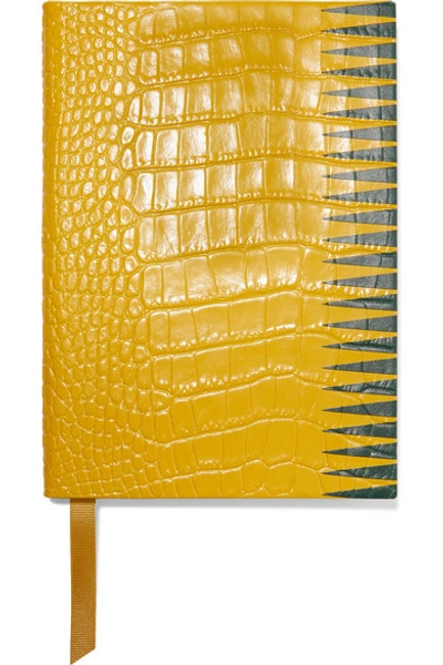 Smythson Soho Printed Croc-effect Glossed-leather Notebook In Yellow