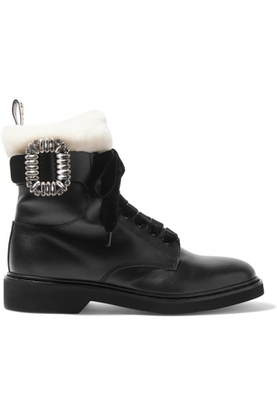 Roger Vivier Ranger Shearling-lined Crystal-embellished Leather Ankle Boots In Black