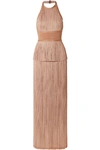 HERVE LEGER METALLIC FRINGED BANDAGE HALTERNECK GOWN