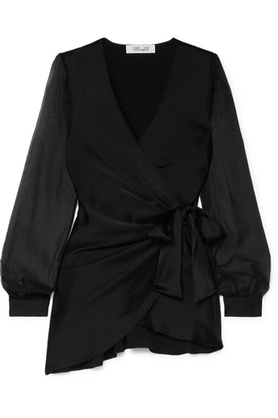 Diane Von Furstenberg Klee Satin And Silk-chiffon Wrap Blouse In Black