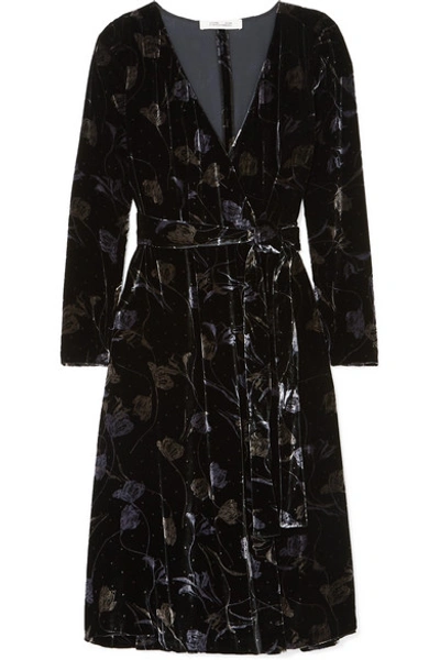 Diane Von Furstenberg Tilla Floral-print Velvet Wrap Dress In Black
