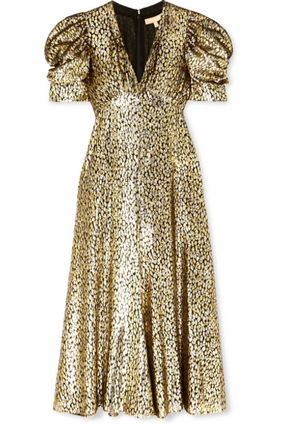 Michael Kors Metallic Fil Coupé Leopard-jacquard Midi Dress In Gold