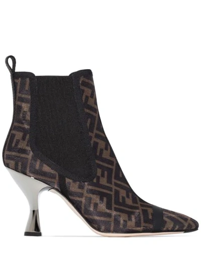Fendi Leather-trimmed Logo-print Mesh Sock Boots In Brown