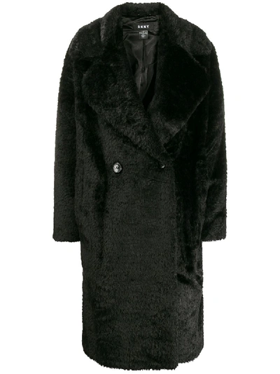 Dkny Double Breasted Faux Fur Coat In Black