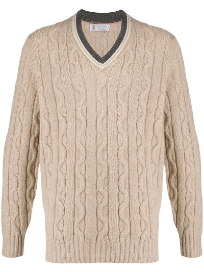 Brunello Cucinelli Cable Knit V-neck Jumper In 棕色