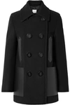 BURBERRY DOUBLE-BREASTED LEATHER-TRIMMED WOOL-BLEND COAT