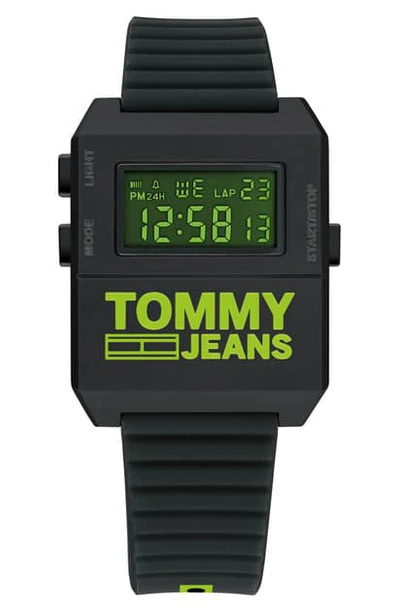 Tommy Hilfiger Digital Rubber Strap Watch, 32.5mm X 42mm In Black/ Green