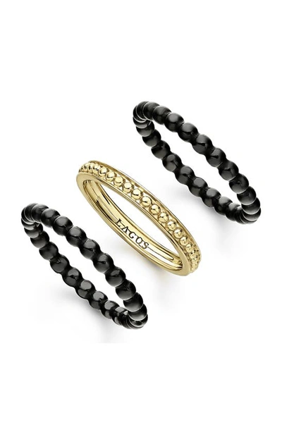 Lagos Meridian 18k Yellow Gold Caviar Gold Black Ceramic Stacking Rings, Set Of 3 In Gold/ Black Ceramic