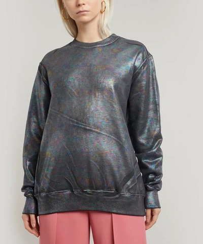Msgm Iridescent Metallic Cotton Sweatshirt In Silver
