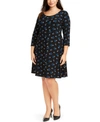 ANNE KLEIN PLUS SIZE PRINTED 3/4-SLEEVE FIT & FLARE DRESS