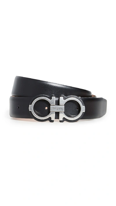 Ferragamo Double Gancio Adjustable Belt In Black/silver