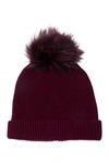 Amicale Cashmere Links Stitch Cuffed Hat With Genuine Fox  Fur Pom In Bordeaux