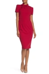 Maggy London Tie Neck Short Sleeve Crepe Sheath Dress In Red