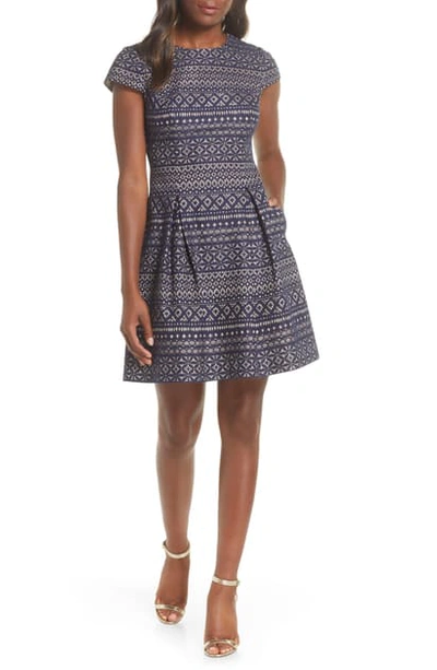 Vince Camuto Bonded Lace Fit & Flare Cotton Blend Dress In Navy