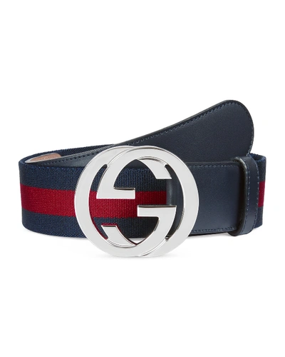 Pre-owned Gucci Web Belt Palladium G Buckle 1.5 W Blue/red
