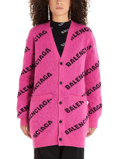 Balenciaga Logo Jacquard Wool Knit Maxi Cardigan In Fuchsia