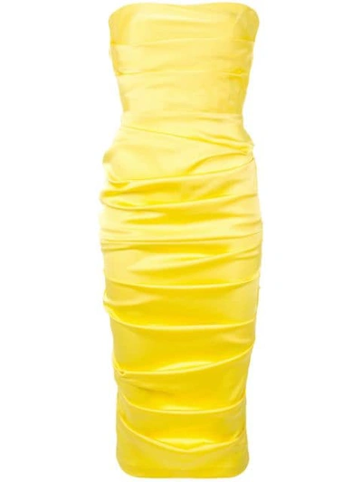 Alex Perry Ace-ruched Satin Strapless Midi Dress In Yellow