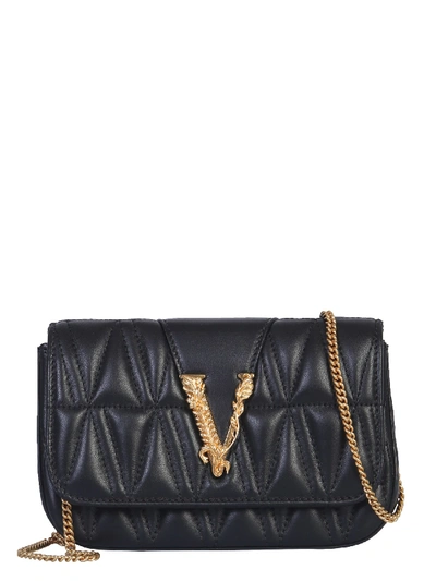 Versace Virtus Micro Black Leather Shoulder Bag