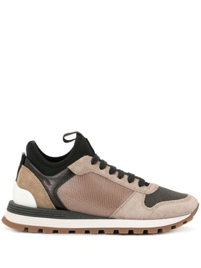 Brunello Cucinelli Bead-embellished Suede, Leather, Mesh And Neoprene Trainers In Grey