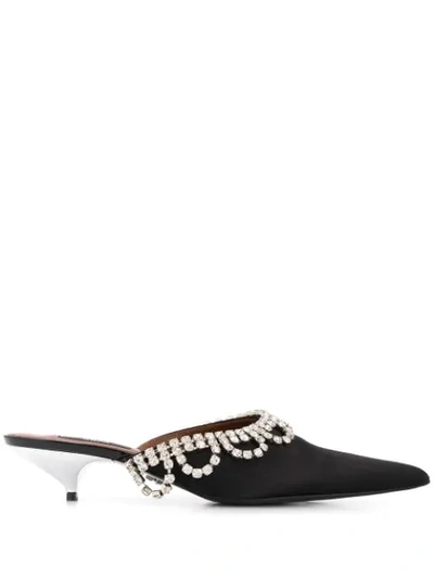 Area 30mm Scalloped Crystal Satin Mules In Black