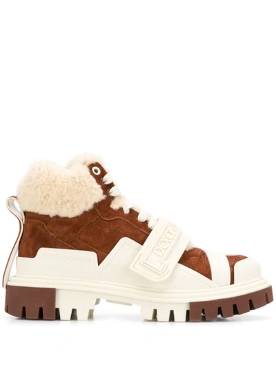 Dolce & Gabbana Split-grain Leather And Shearling Trekking Shoes With Logo In Brown