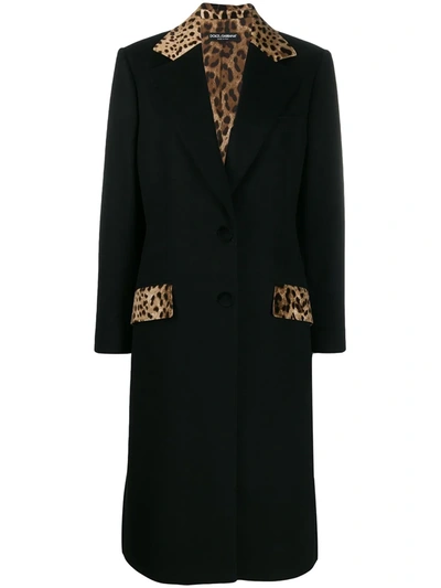 Dolce & Gabbana Mixed Cashmere Coat With Leopard Print Detail In Black