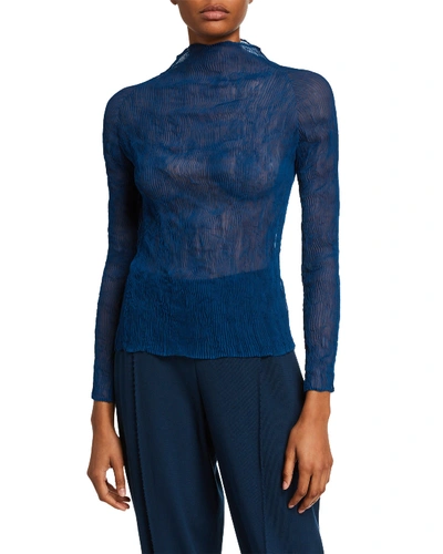 Issey Miyake Chiffon Twisted High-neck Long-sleeve Top, Blue In Navy