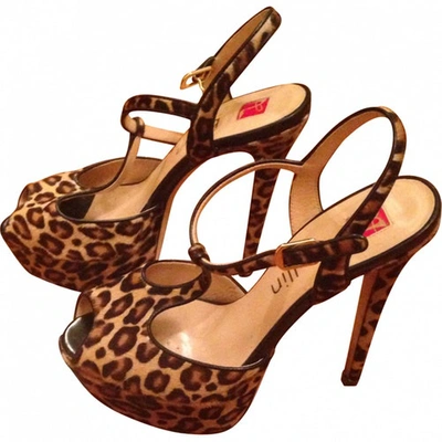 Pre-owned Ballin Leopard Print Pony-style Calfskin Sandals In Brown