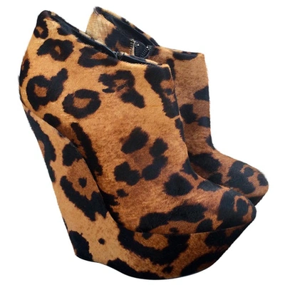 Pre-owned Giuseppe Zanotti Leopard Print Pony-style Calfskin Ankle Boots In Brown