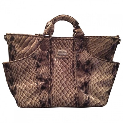 Pre-owned Giorgio Armani Python Print Patent Leather Handbag In Brown