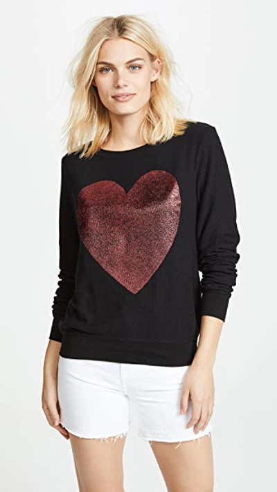 Wildfox Sparkle Heart Baggy Beach Pullover In Jet Black