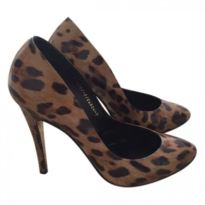 Pre-owned Gina Leopard Print Patent Leather Heels In Brown