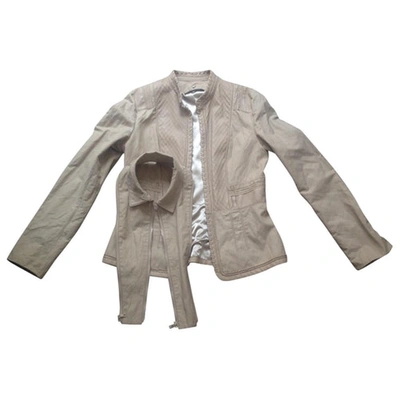 Pre-owned Elie Tahari Leather Cotton Jacket In Beige