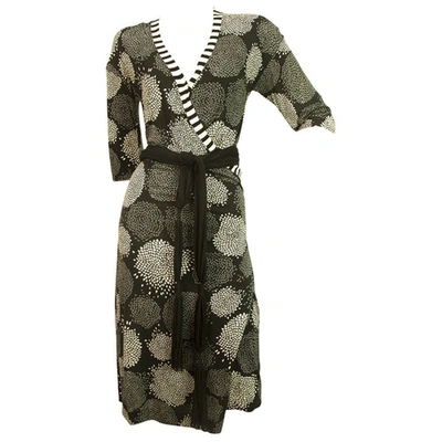 Pre-owned Marc Cain Floral Printed Black Gray Viscose V Neck Dress In Grey