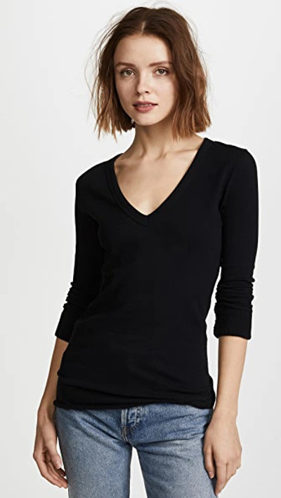 Enza Costa Cashmere Fitted Cuffed Long Sleeve V Neck In Black