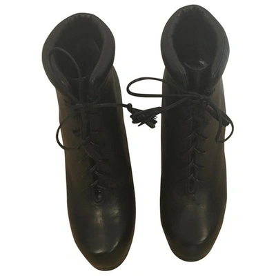 Pre-owned Theory Leather Lace Up Boots In Black